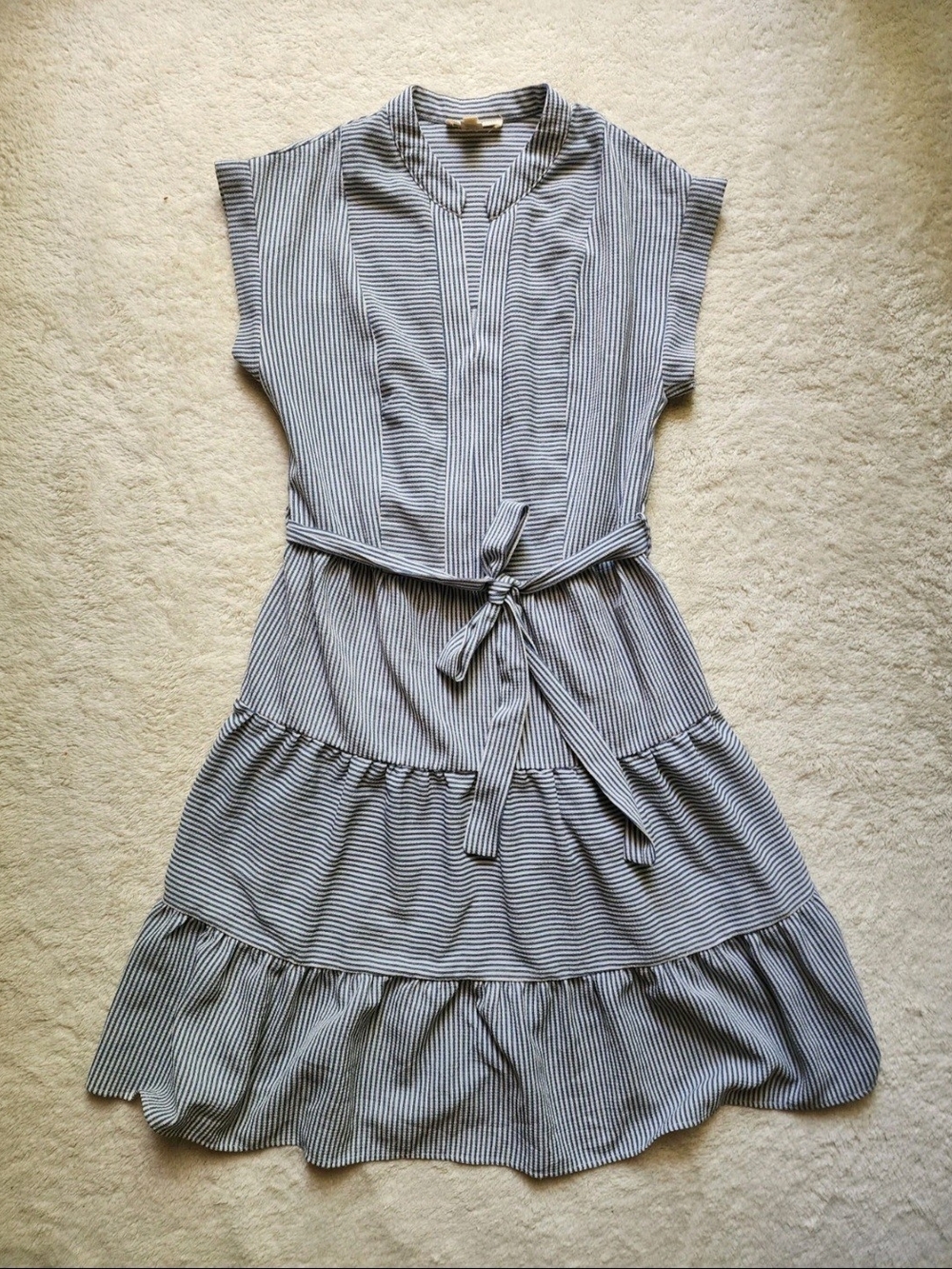 Monteau Blue and White Striped Tie-Waist Midi Dress